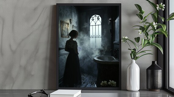 Victorian Gothic Woman in Misty Dark Bathroom Haunted Moody Wall Art