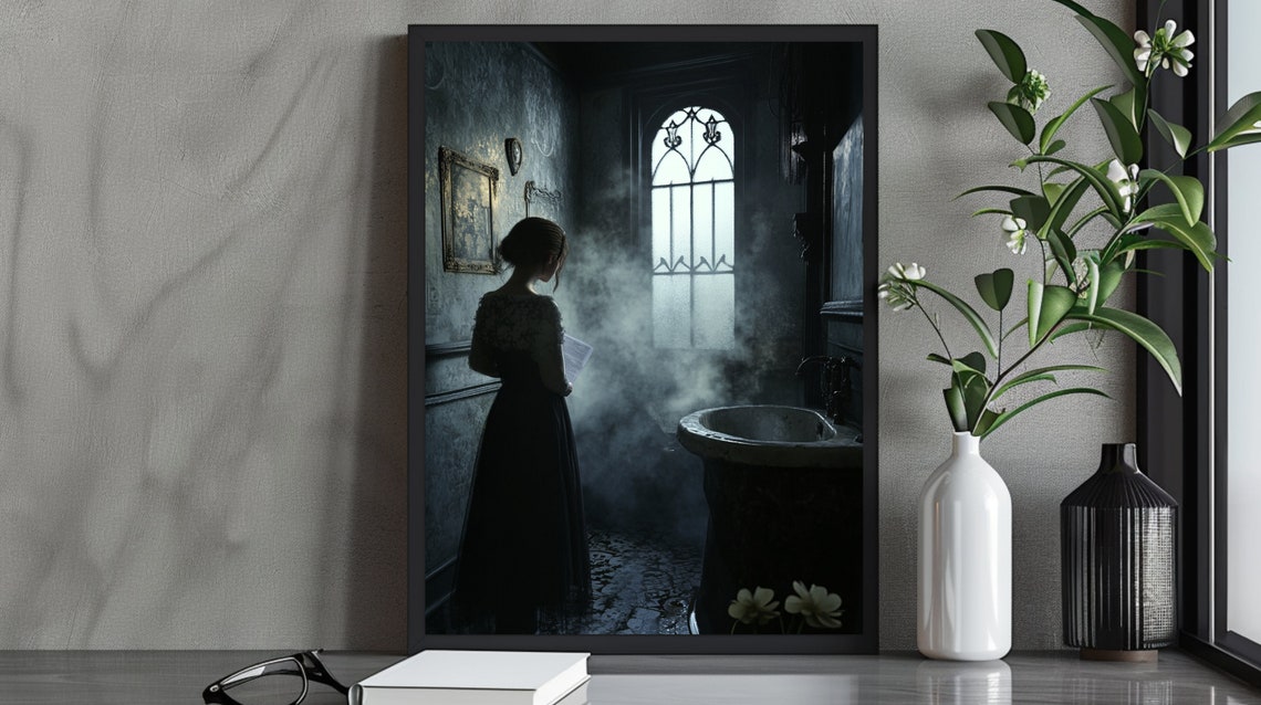 Victorian Gothic Woman in Misty Dark Bathroom Haunted Moody Wall Art