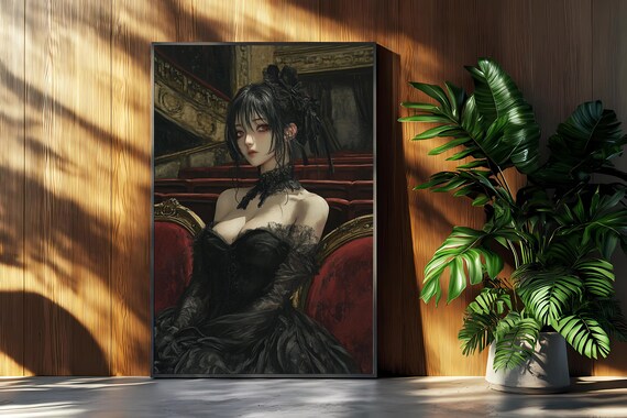Gothic Art Elegant Woman In Black Dress Illustration Dark Wall Gift For Her