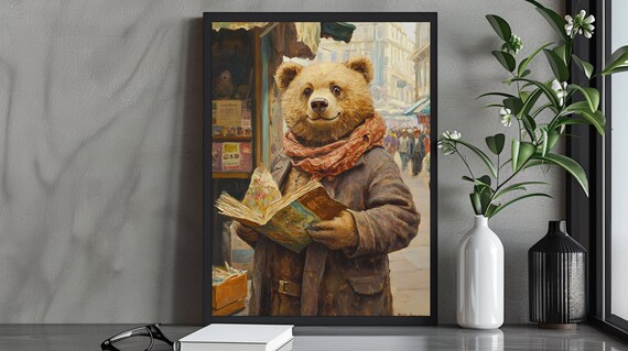 Charming Teddy Bear Reading Book In Bookshop Vintage Style Portrait Print