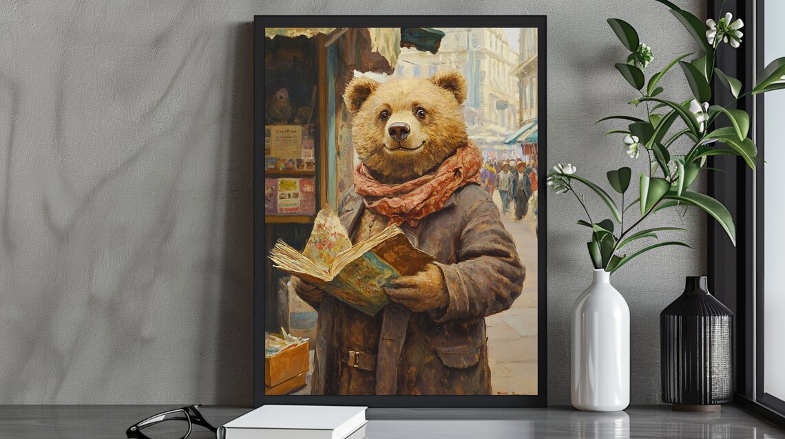 Charming Teddy Bear Reading Book In Bookshop Vintage Style Portrait Print
