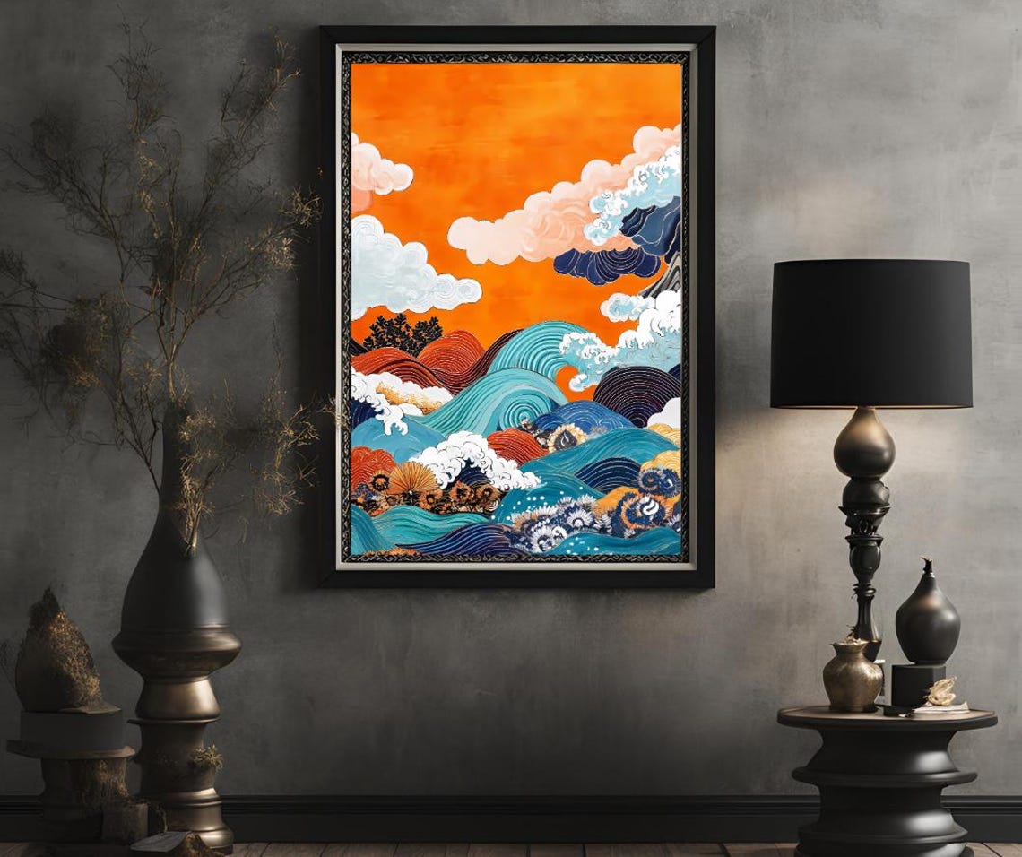 Japanese Ukiyo-e Style Wave Art With a Glowing Orange Sky Poster - Image 2