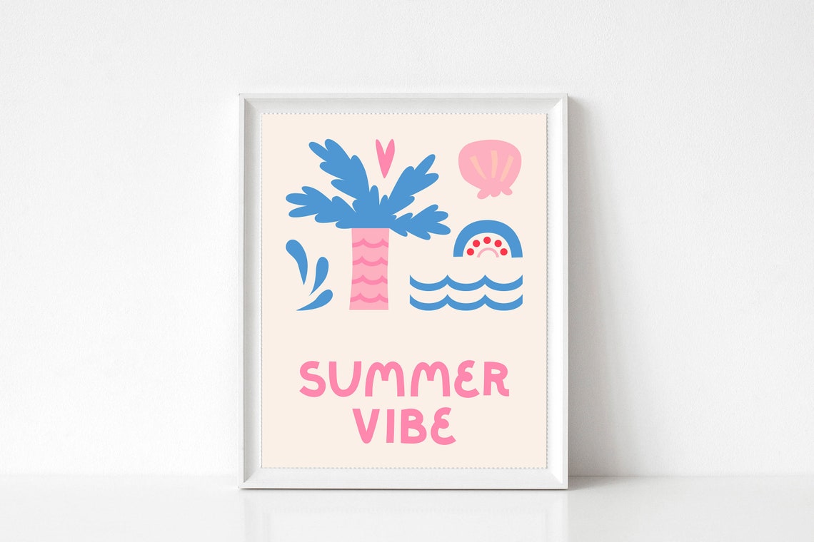 Summer Vibe Pink Blue Palm Tree Waves Graphic Quote Art Poster - Image 3