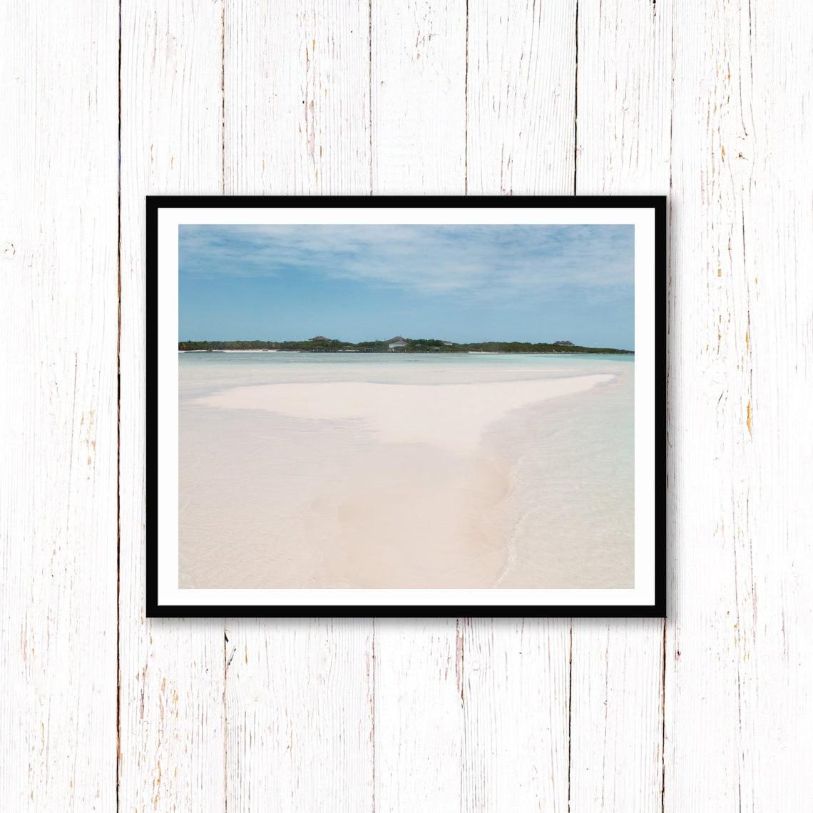Pale Sand Flats Turquoise Ocean Horizon Distant Island Photo Poster - Image 3