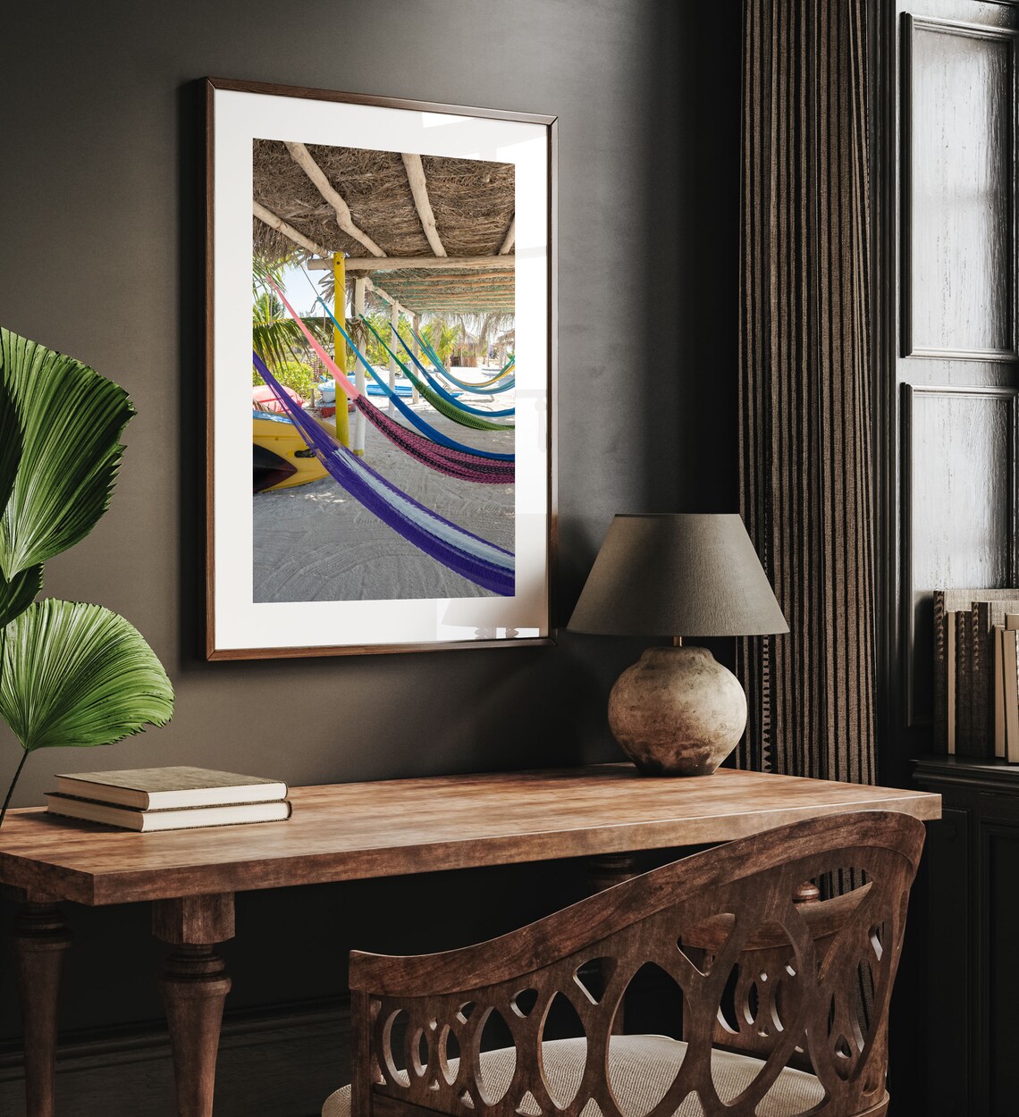 Colorful Hammocks Under Thatch Roof on Tropical Beach Photography Poster - Image 2