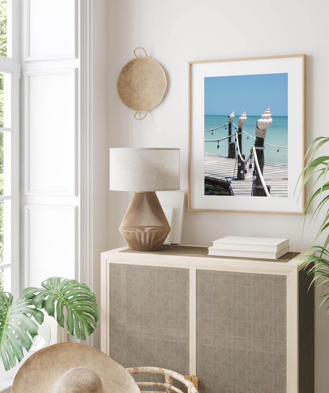 Wooden Pier Shell Topped Posts String Lights Turquoise Sea Poster - Image 2