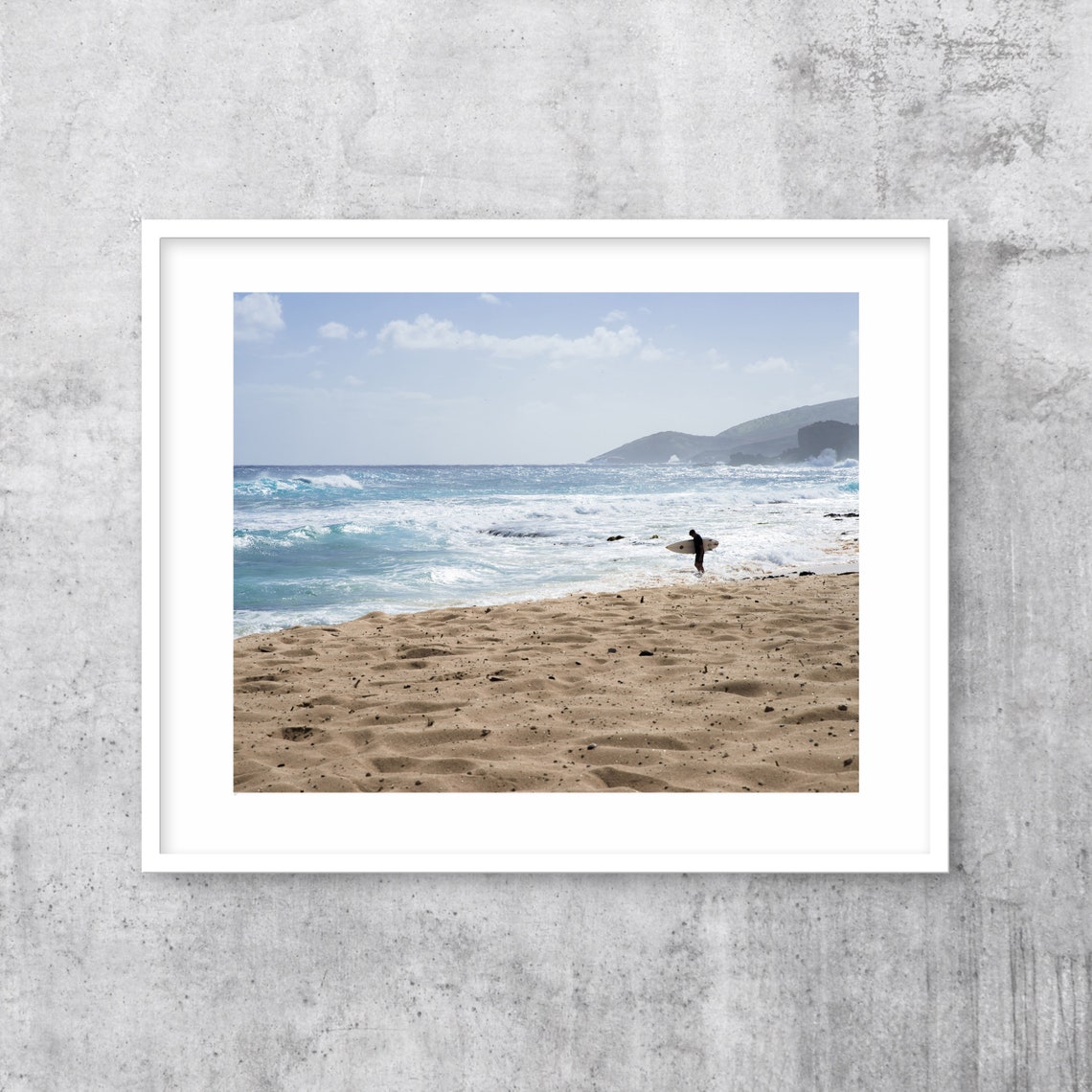 Surfer Holding Surfboard on Sandy Beach Ocean Waves Photography Poster - Image 3