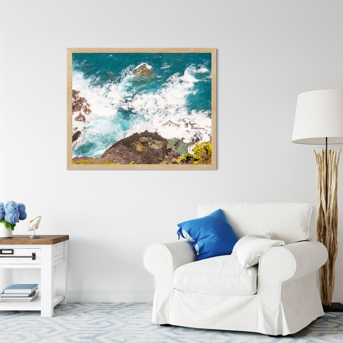 Aerial View of Turquoise Ocean Waves Crashing on Dark Rocks Poster - Image 2