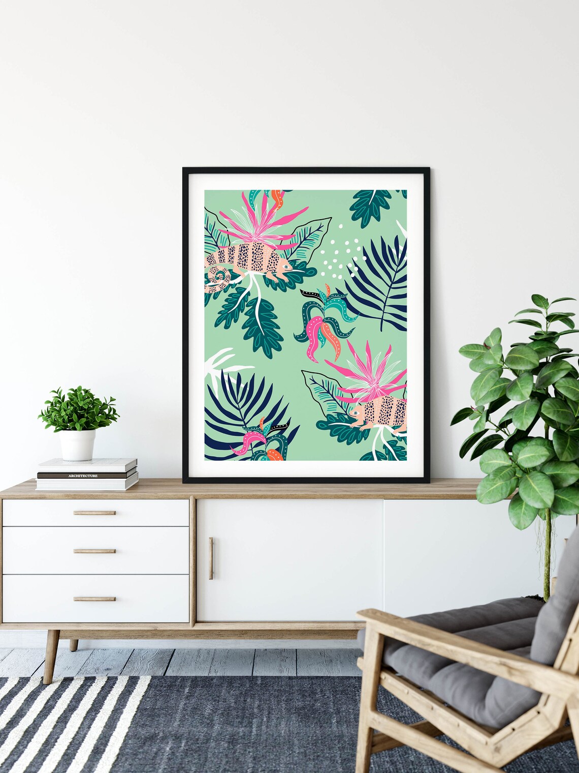 Playful Chameleon Illustration with Tropical Leaves on Green Poster - Image 2