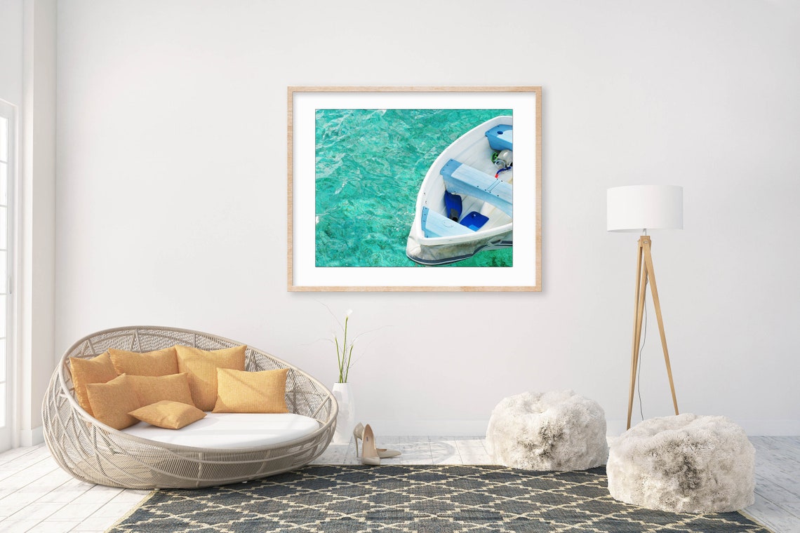 White Dinghy Boat From Above on Bright Turquoise Water Photo Poster - Image 3