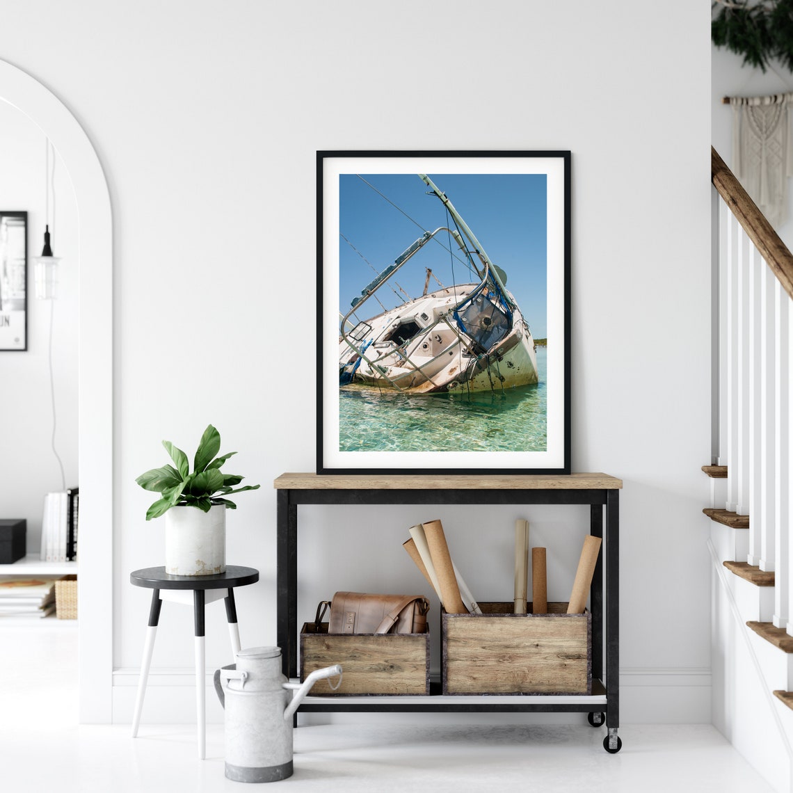 Beached Sailboat Wreck in Shallow Turquoise Island Water Poster - Image 2