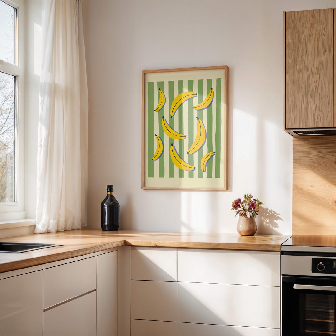 Retro Banana Pattern Green Striped Fun Fruit Kitchen Art Poster - Image 4