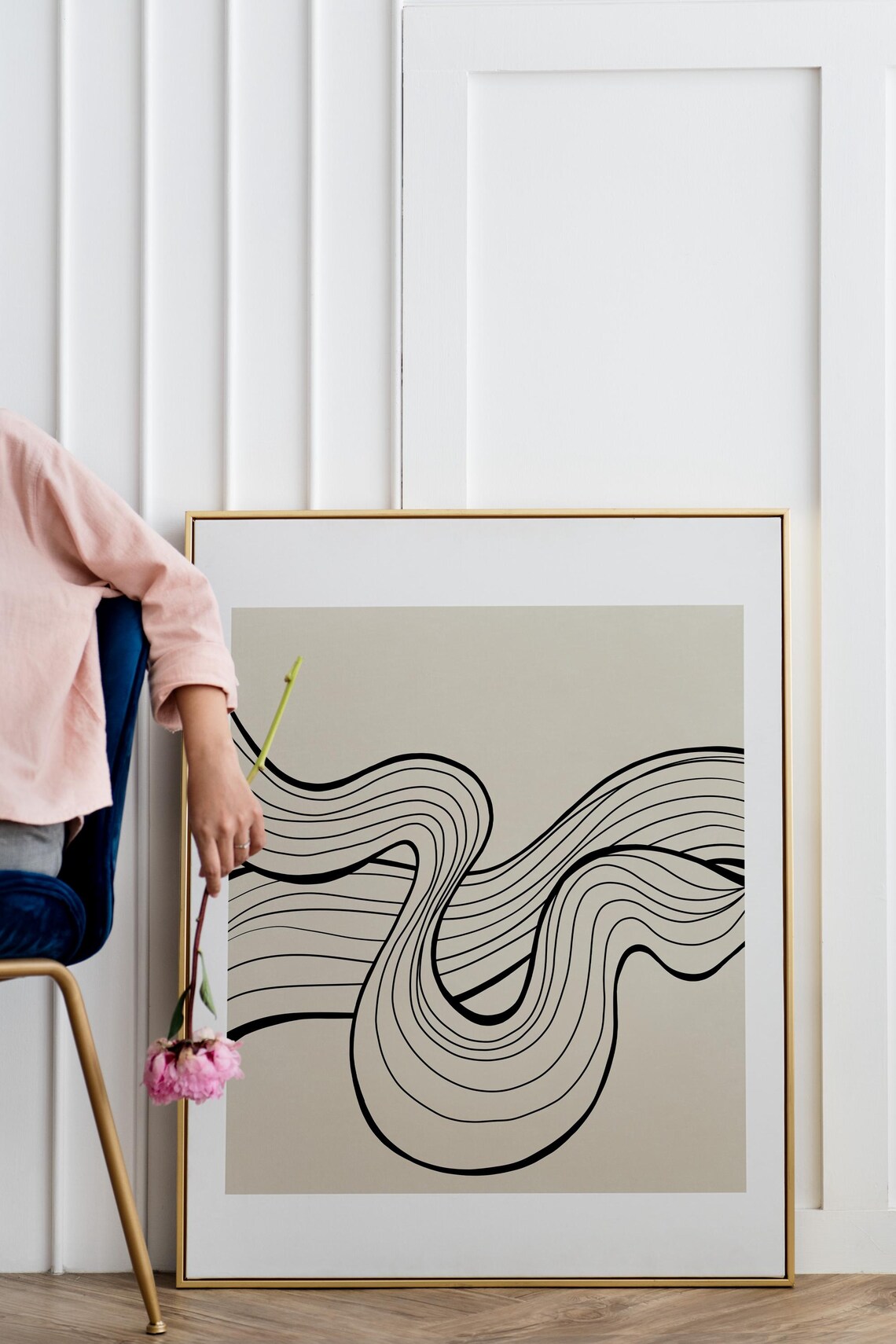 Minimalist Black Line Ribbon Flow Abstract Cream Wall Art Print - Image 5