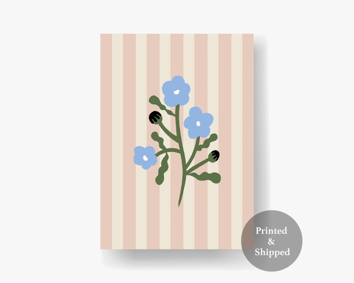 Blue Flower Stem Illustration on Pink Cream Striped Floral Poster - Image 6