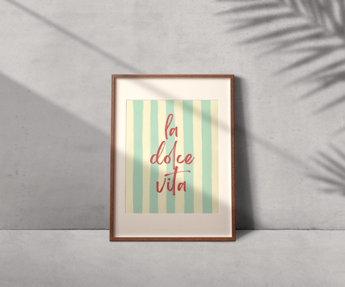 La Dolce Vita Coral Script Typography Mint Striped Quote Poster - Image 2