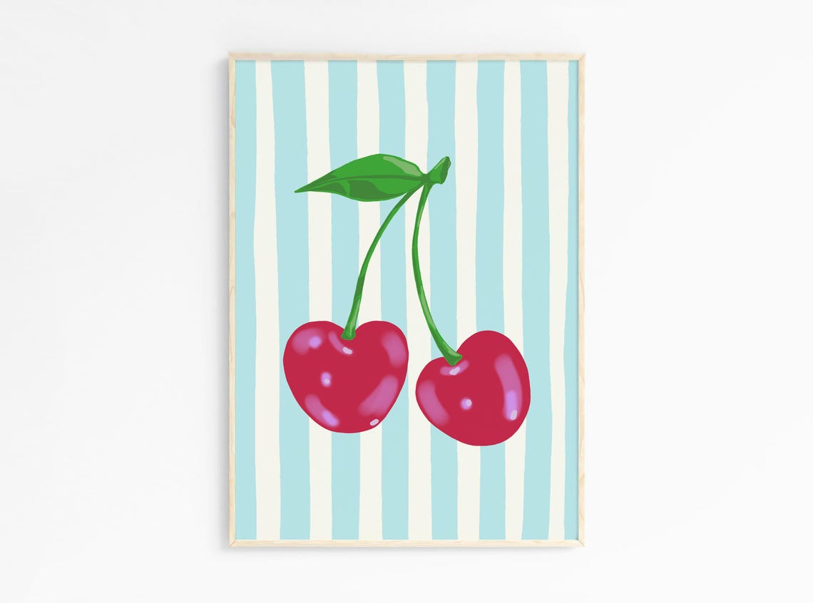 Red Cherry Pair Illustration on Blue White Striped Kitchen Poster