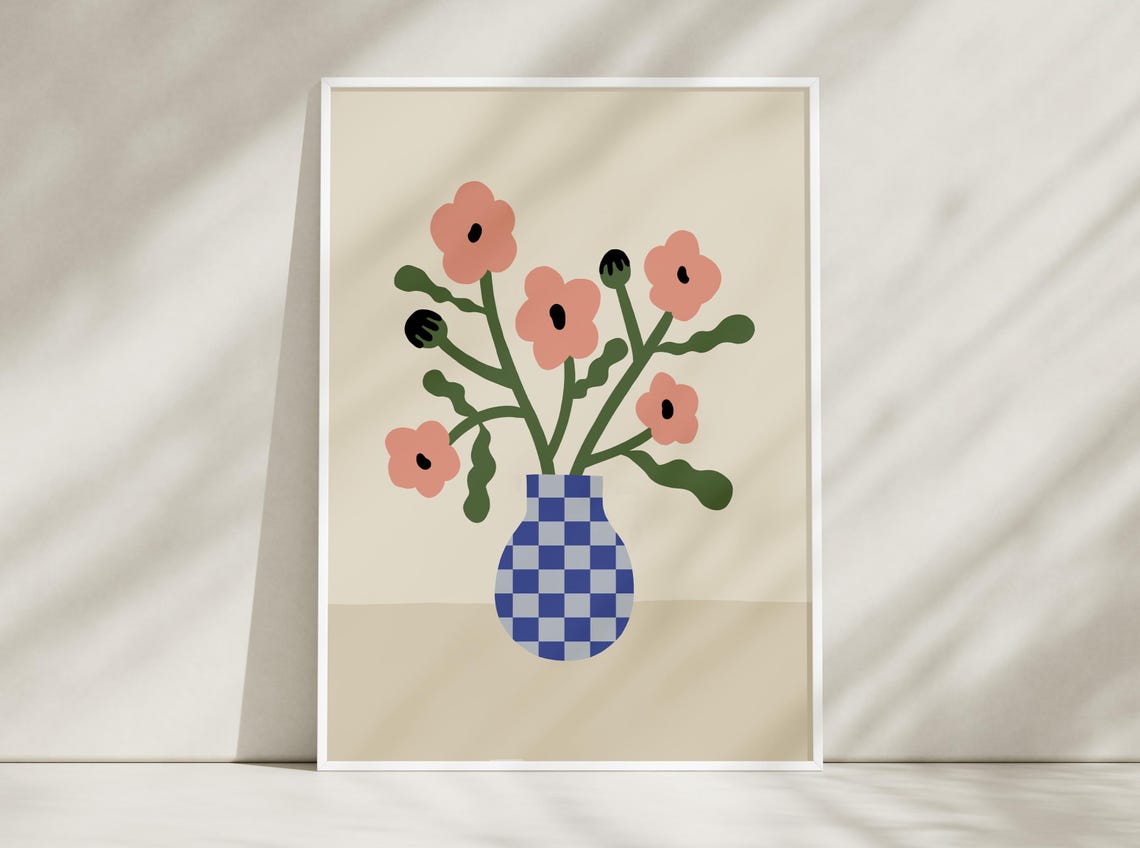Pink Poppies in Blue Checkered Vase Floral Illustration Poster