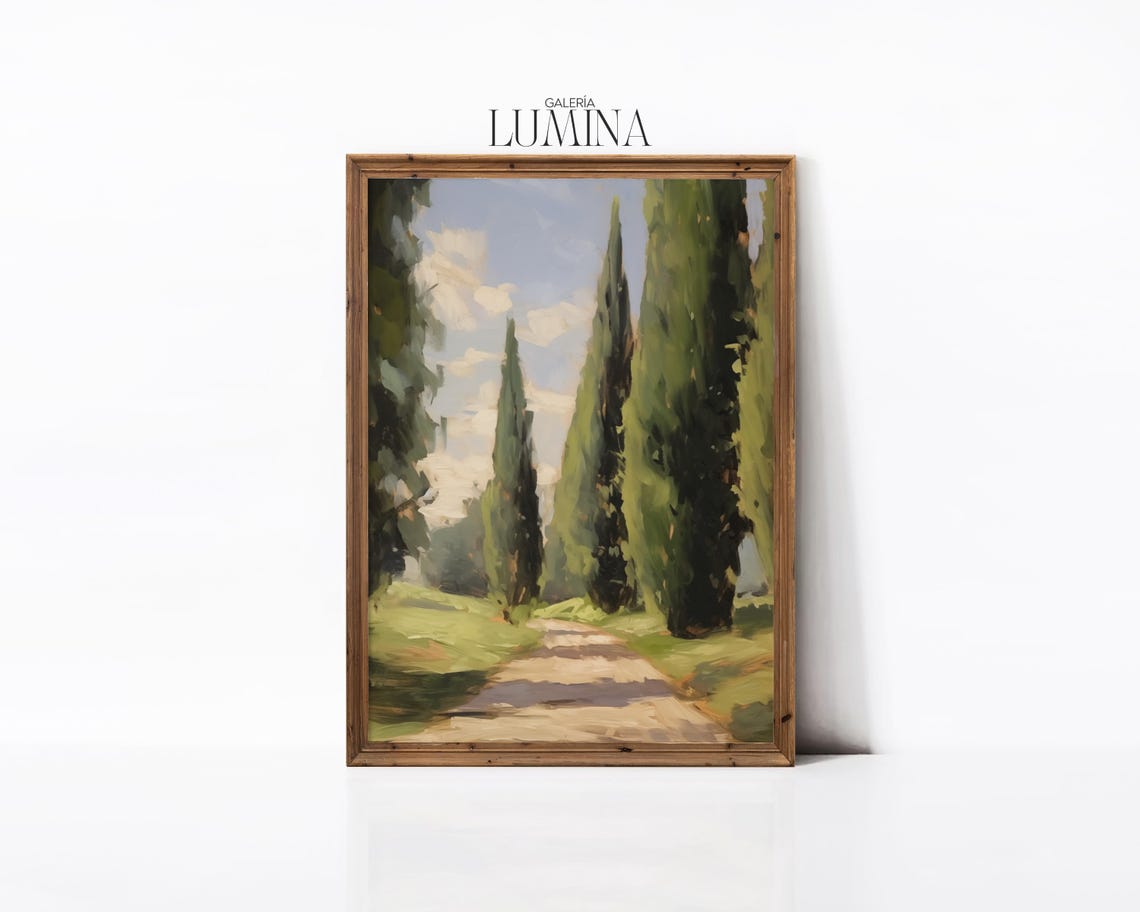 English Countryside Cypress Trees Oil Painting Garden Path Landscape Painting Rustic Nature Scene Art Art Frame Tv Art 681 - Image 3
