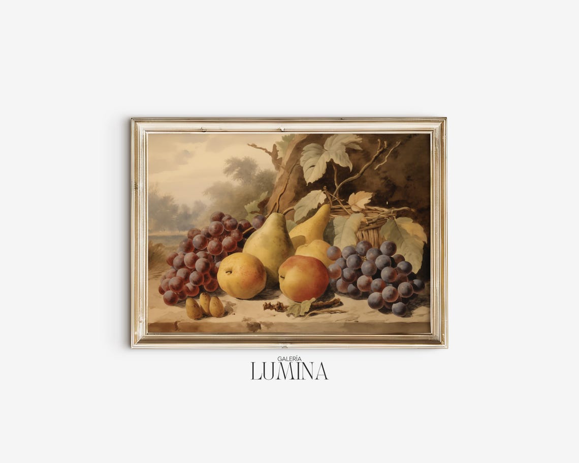 Antique Fruit Still Life Grapes Pears Basket Vine Watercolor Poster - Image 2
