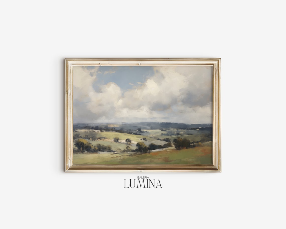 Summer Landscape Oil Painting Countryside Minimalist Landscape Print Rolling Hills And Cloudy Sky Art Art Frame Tv Art 192 - Image 2