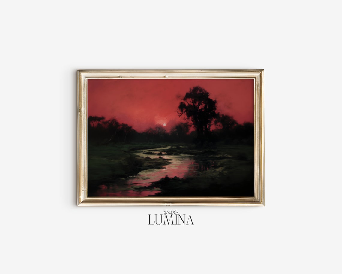 Dark Moody Red Sky Painting Surreal Landscape Print Eclectic Maximalist Wall Art Dark Academia Decor Art Frame Tv Art 126 - Image 2