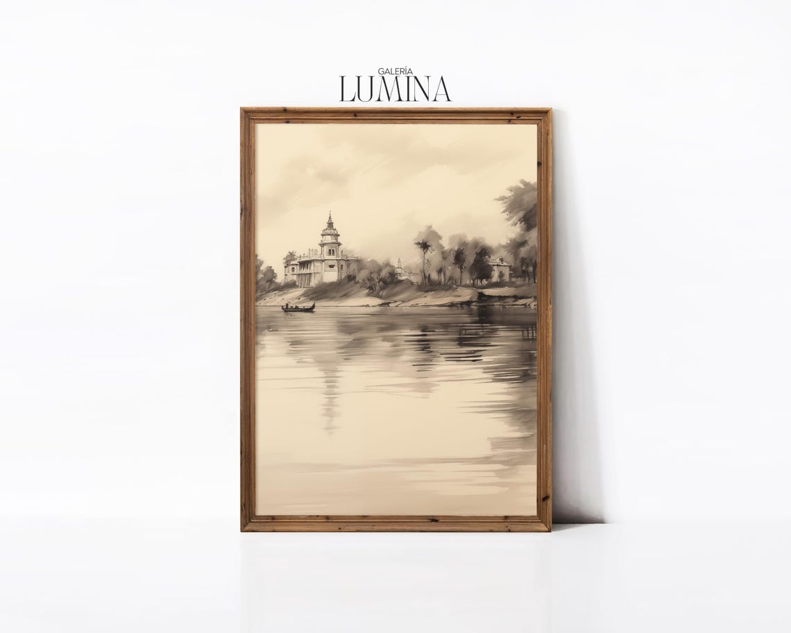 Indian Landscape Sketch Drawing Traditional Scenic Artwork Rustic Indian River Landscape Drawing Art Frame Tv Art 856 - Image 2