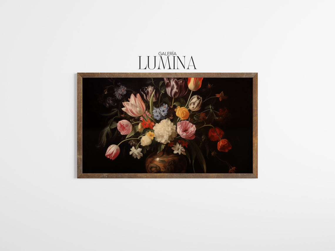 Dark Moody Tulips And Flowers Oil Painting Vintage Floral Still Life Artwork Baroque Flower Painting Art Frame Tv Art 956 - Image 3
