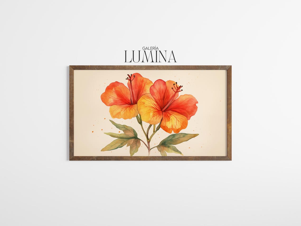 Orange Hibiscus Watercolor Tropical Flower Blossoms Art Poster - Image 3
