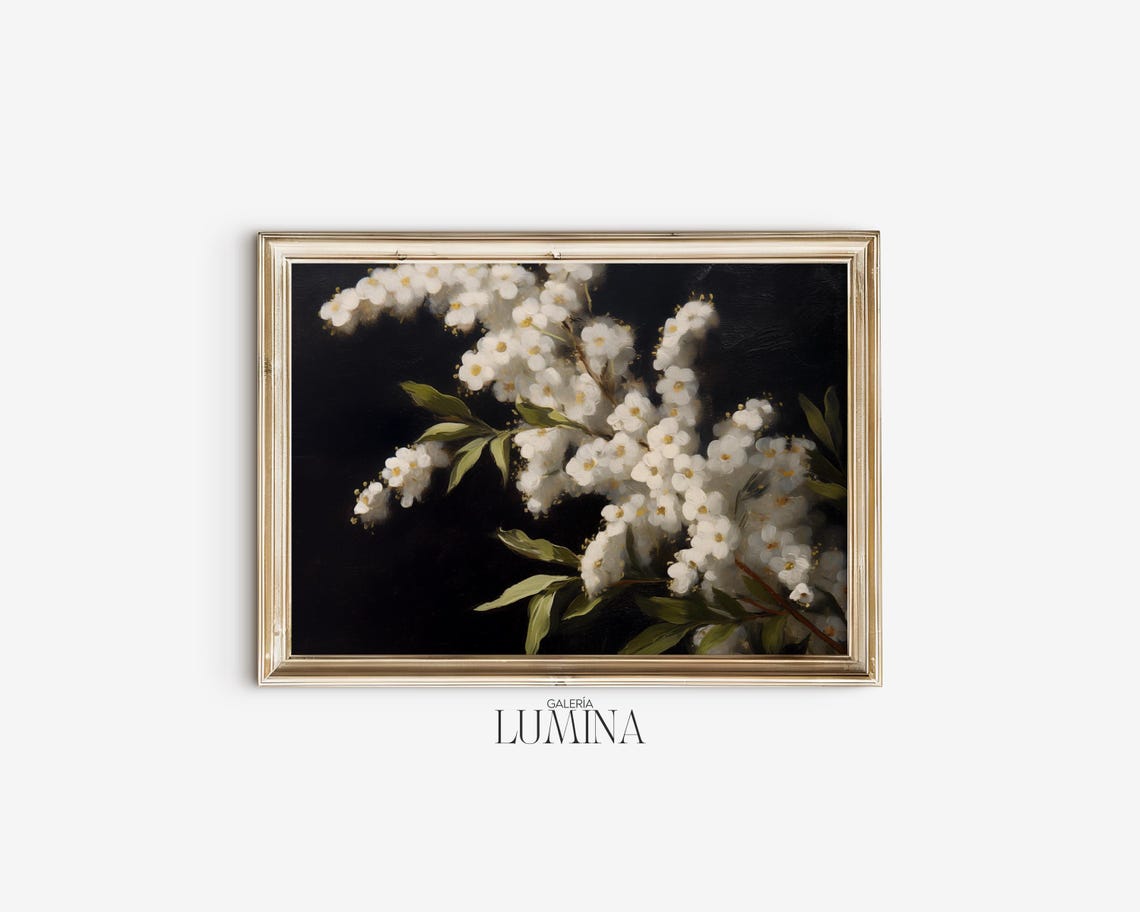 White Bridal Wreath Spirea Blossoms Dark Moody Floral Poster - Image 2