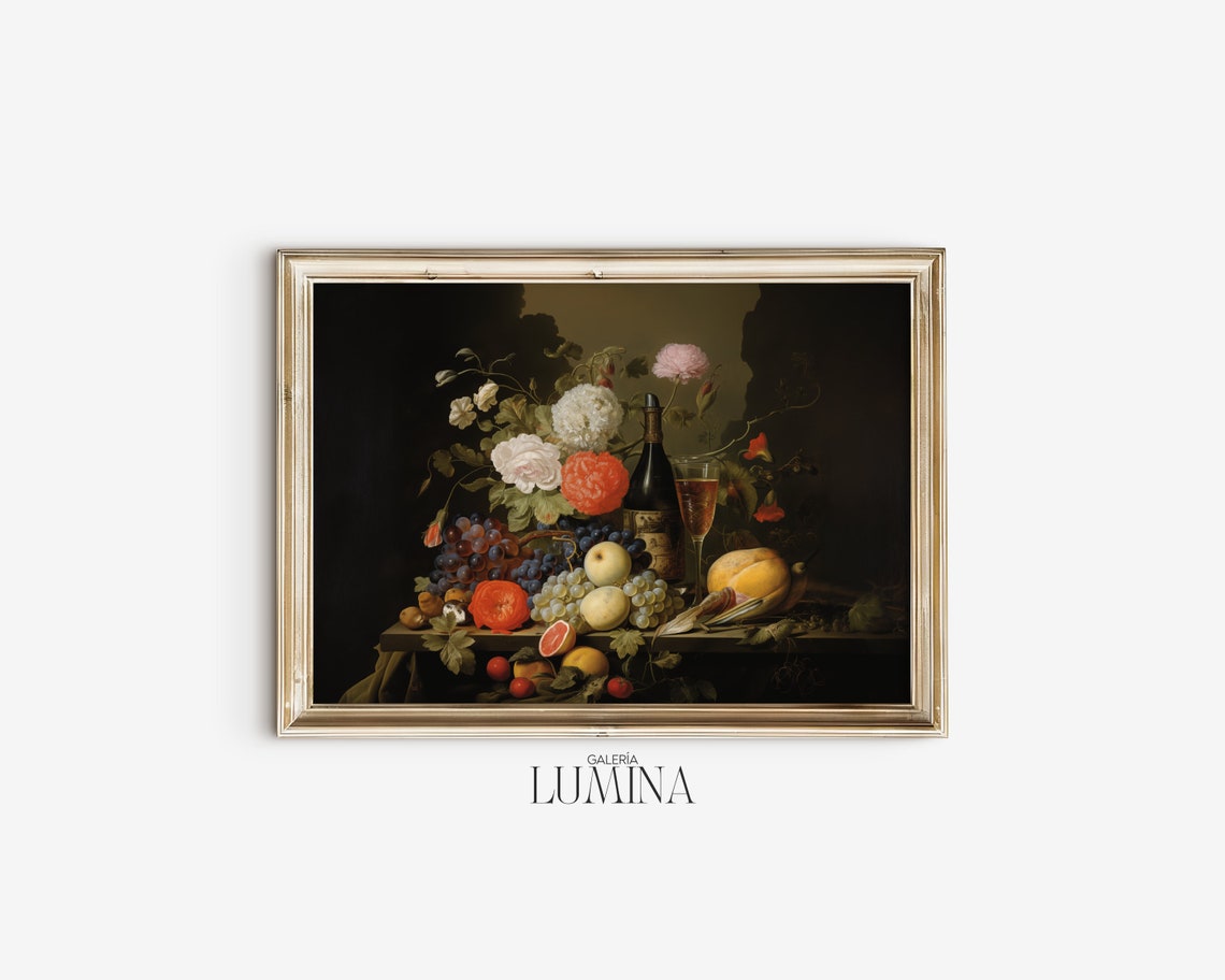Dark Flowers And Fruit Still Life Original Painting Moody Vintage Floral Print Antique Fruit Drawing Art Frame Tv Art 089 - Image 2