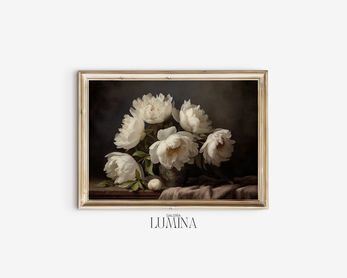 White Peonies Vintage Oil Painting Moody Still Life Print Antique Botanical Print Rustic Floral Art Art Frame Tv Art 360 - Image 2