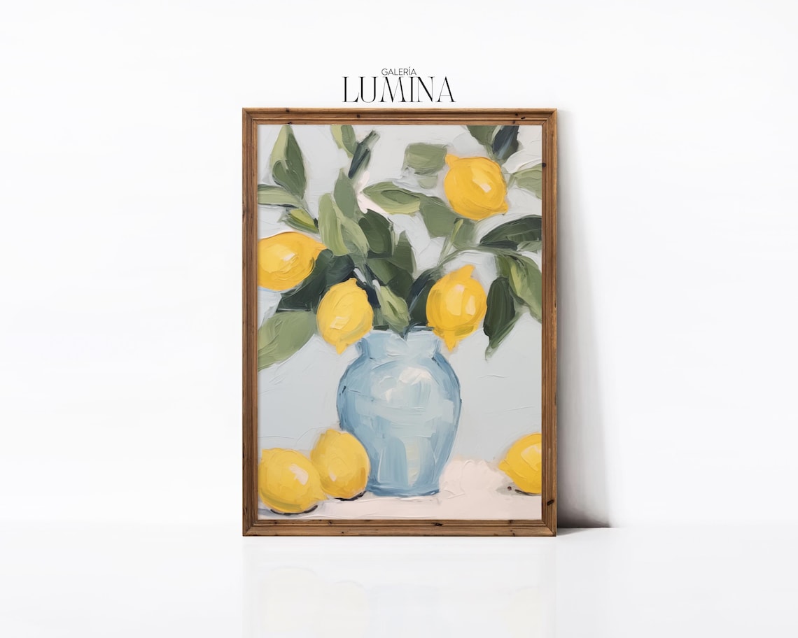 Impressionist Yellow Lemons Blue Vase Still Life Kitchen Poster - Image 2