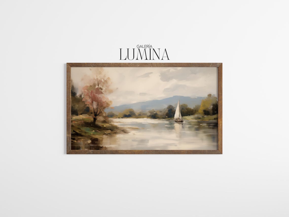 Impressionist Lake Scene Oil Painting River Landscape Painting Sailboat And Nature Scenery Wall Art Art Frame Tv Art 983 - Image 3