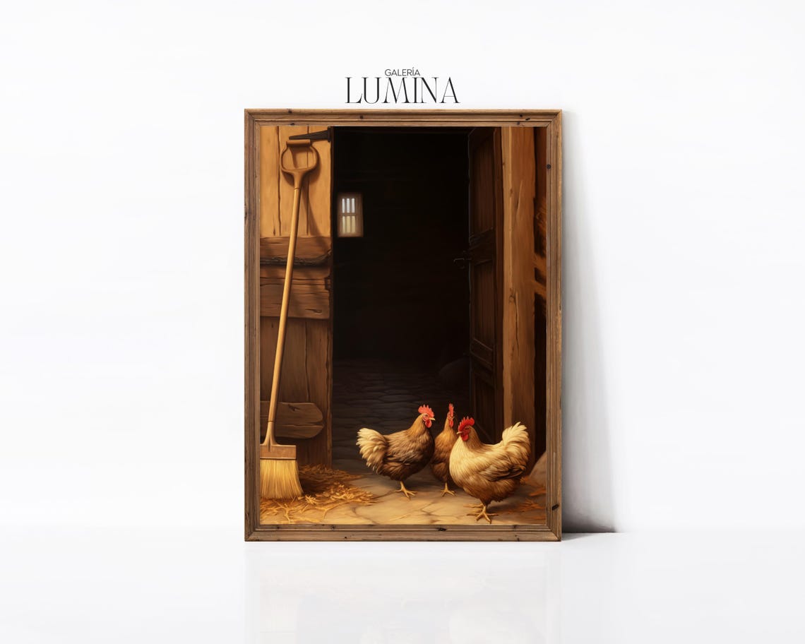 Rustic Barn Interior Chickens Farm Tools Country Scene Art Poster - Image 2