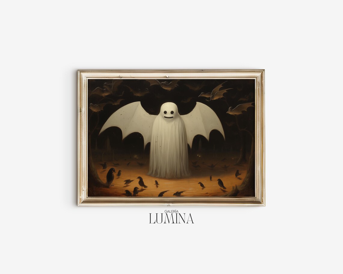 Cute Ghost with Bats Whimsical Halloween Night Painting Poster - Image 2