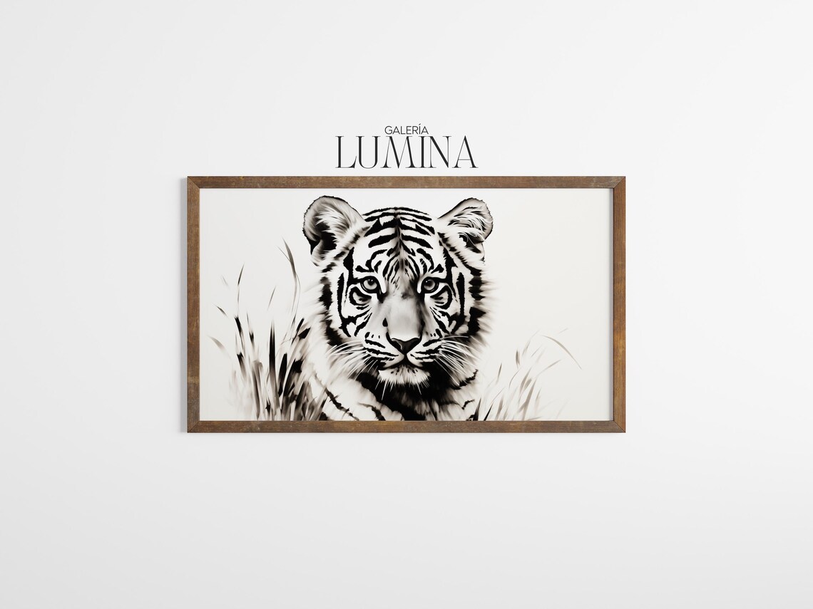 Black And White Tiger Portrait In Tall Grass Monochrome Wildlife Art Poster - Image 3