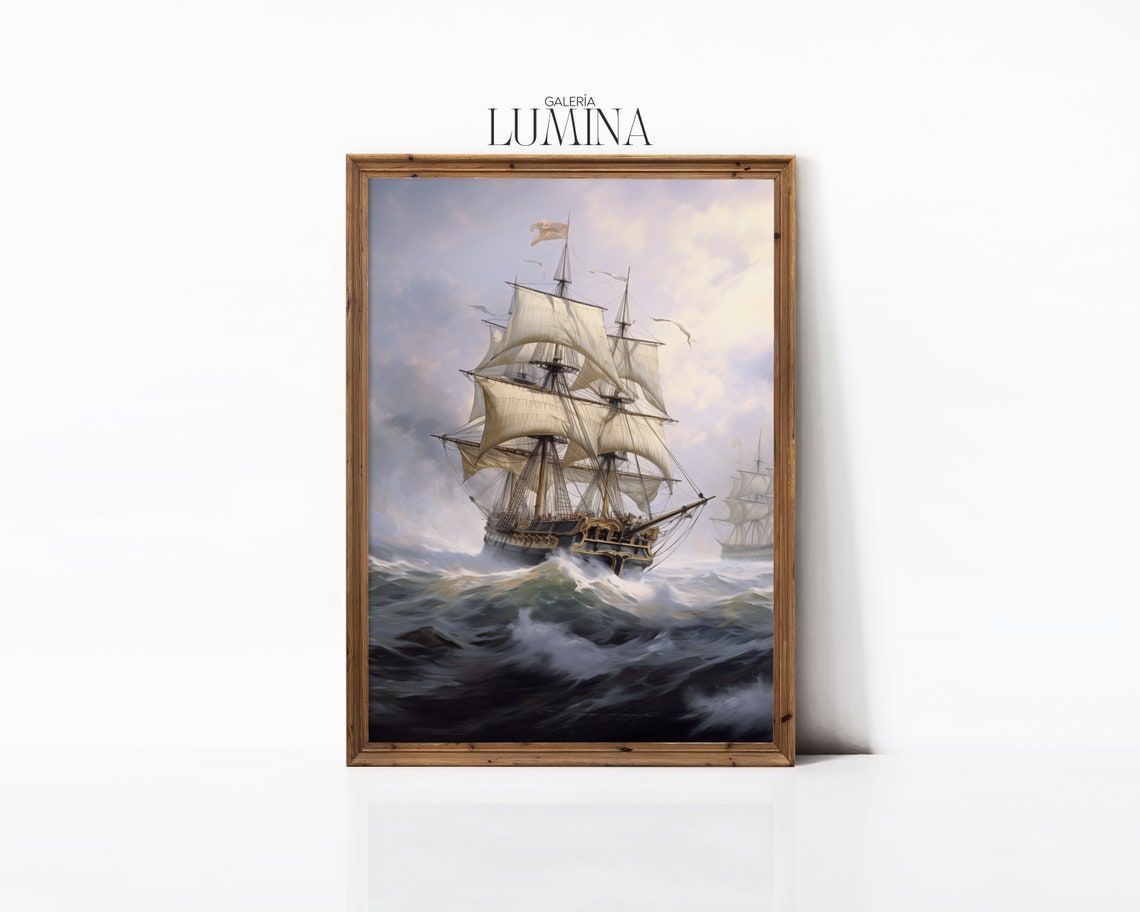 Old Sailing Ship Original Oil Painting Large Nautical Painting Vintage Seascape Wall Art Ocean Print Art Frame Tv Art 251 - Image 3