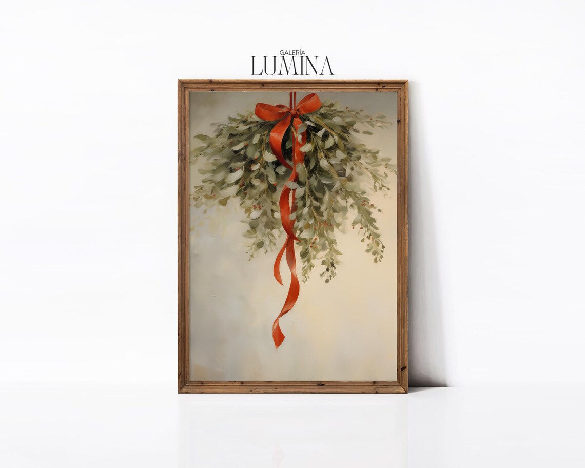 Hanging Mistletoe With a Long Red Ribbon Rustic Christmas Poster - Image 2