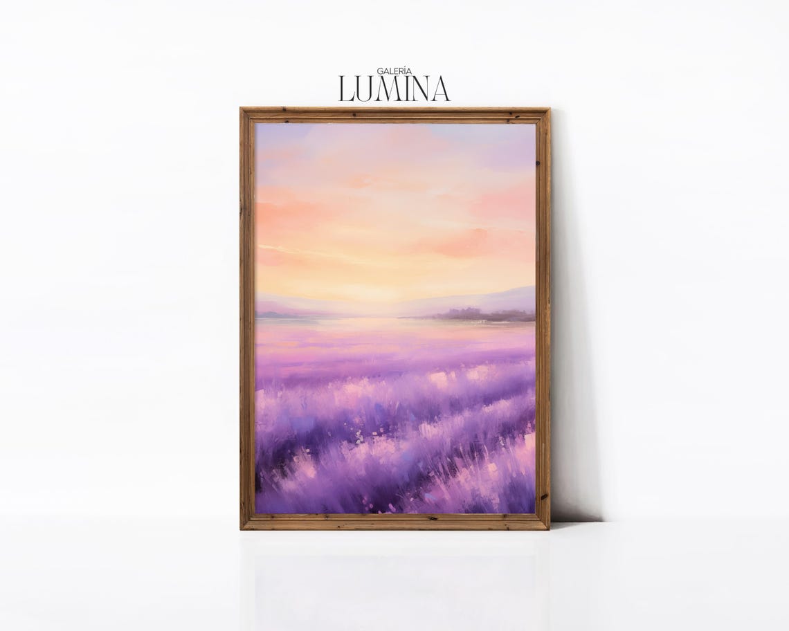 Vast Purple Lavender Field Under a Pink Pastel Sunset Sky Poster - Image 2