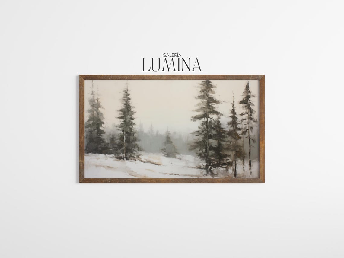 Muted Snowy Pine Forest Minimalist Winter Landscape Scene Poster - Image 3