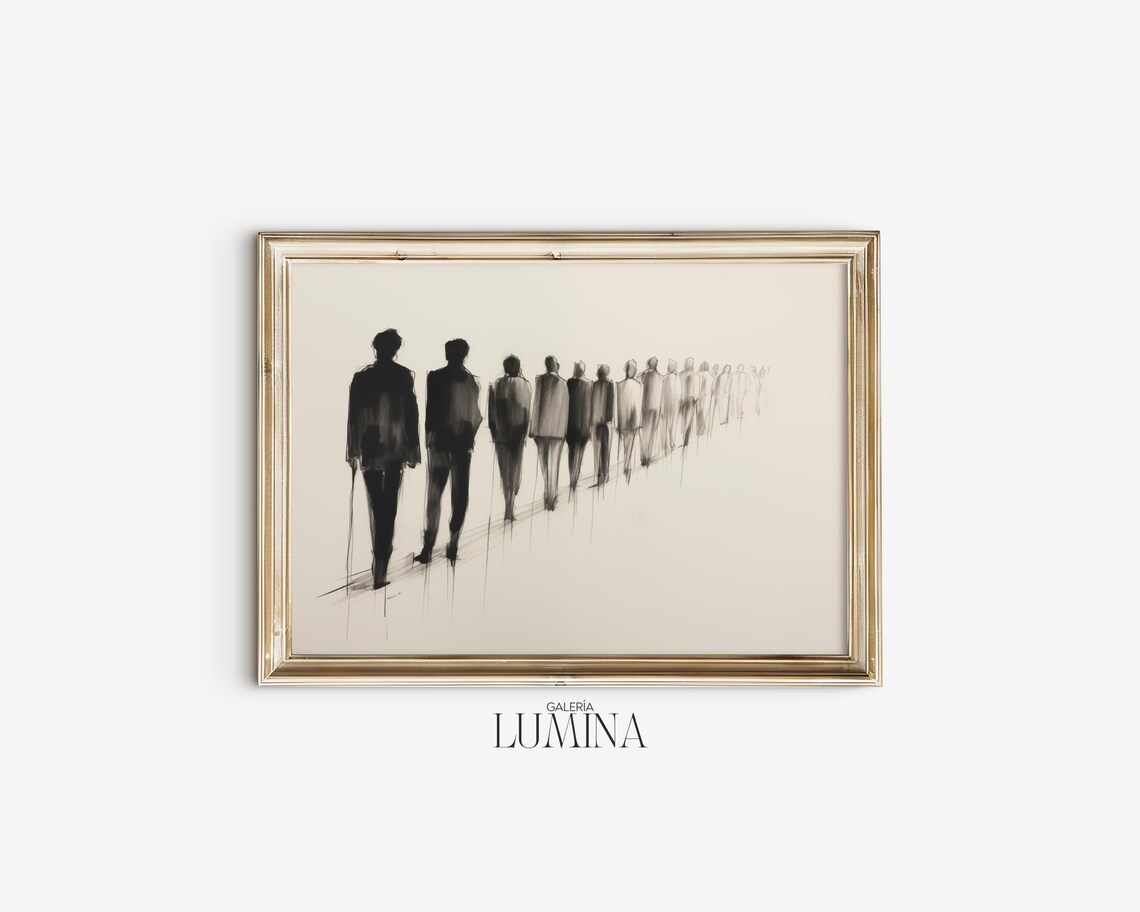 People in Line, Minimalist Charcoal Line Art Print - Image 2
