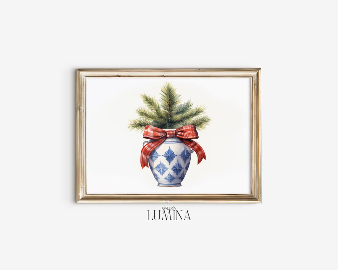Christmas Pine Sprigs In Chinoiserie Jar With Red Tartan Bow Poster - Image 2
