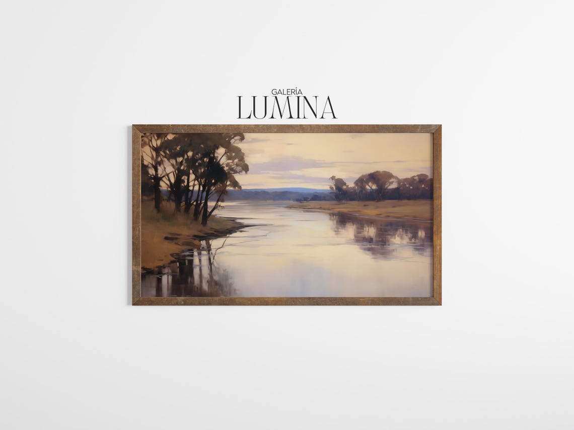 Muted River Landscape Oil Painting Vintage River Scene Artwork Rustic Nature Wall Art Art Frame Tv Art 913 - Image 3