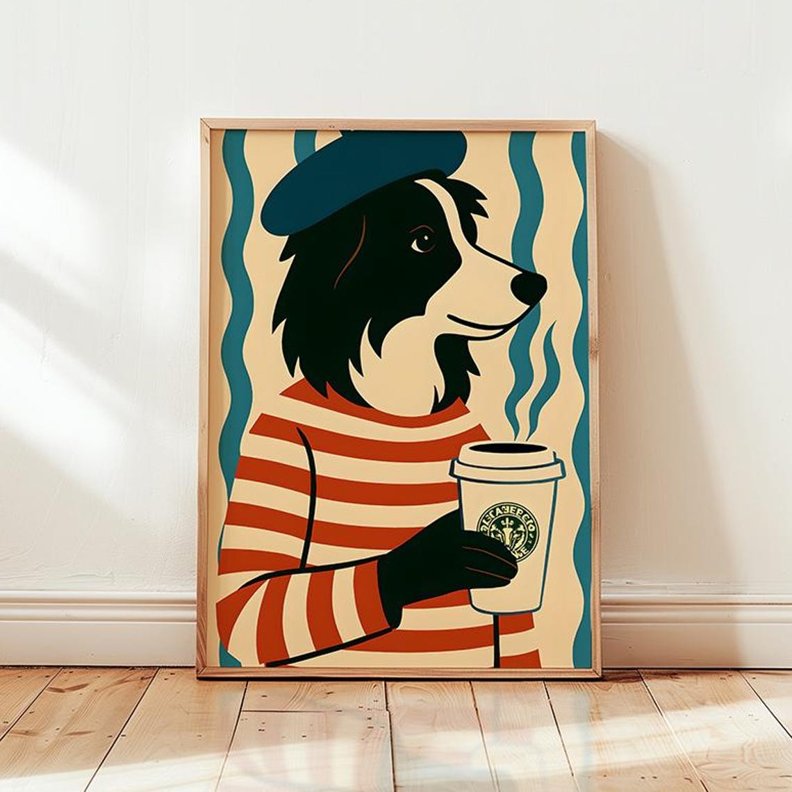 Border Collie in Beret with Coffee Cup Retro French Style Poster Art