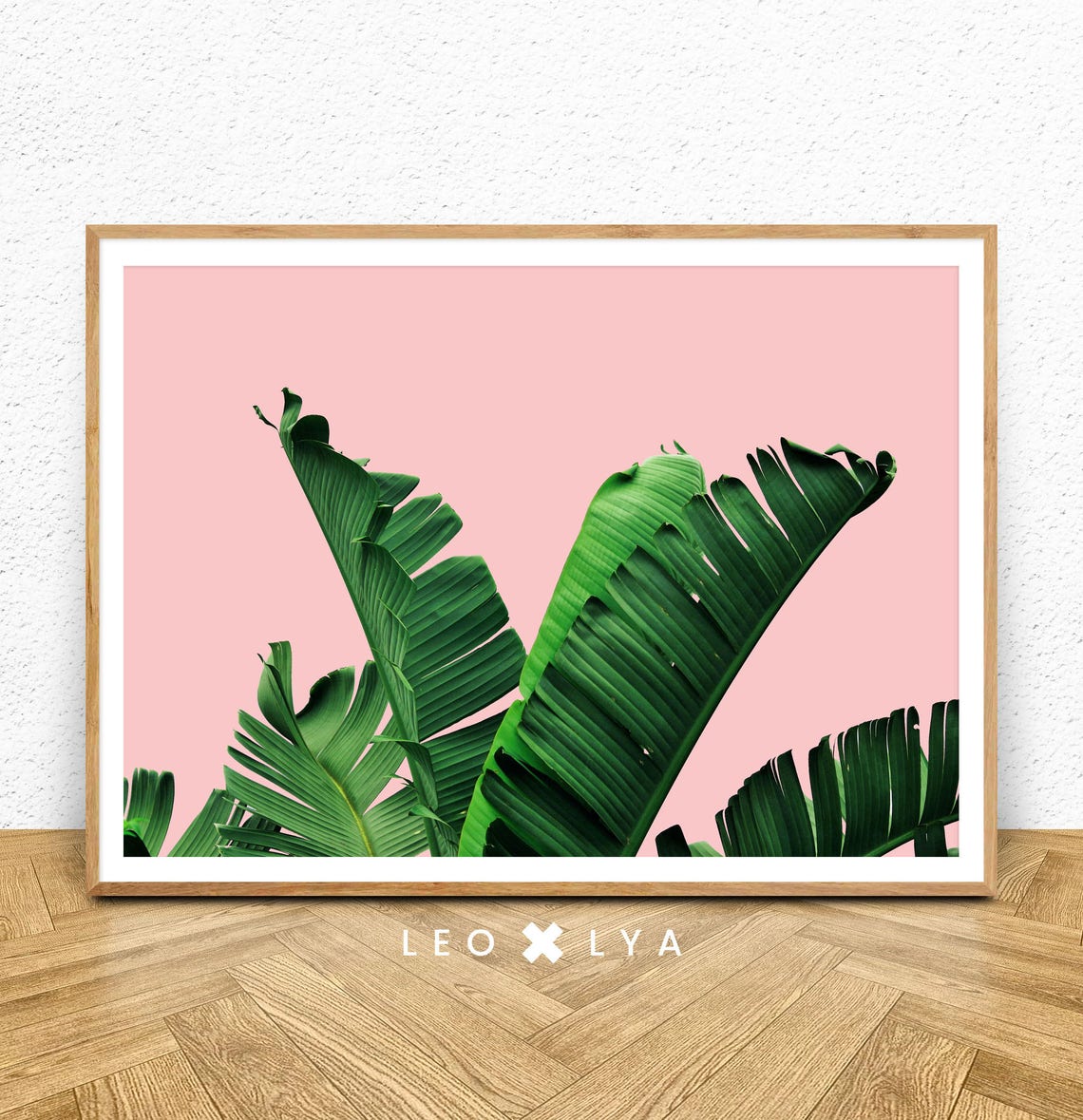 Banana Leaves Pink Background Tropical Botanical Landscape Poster