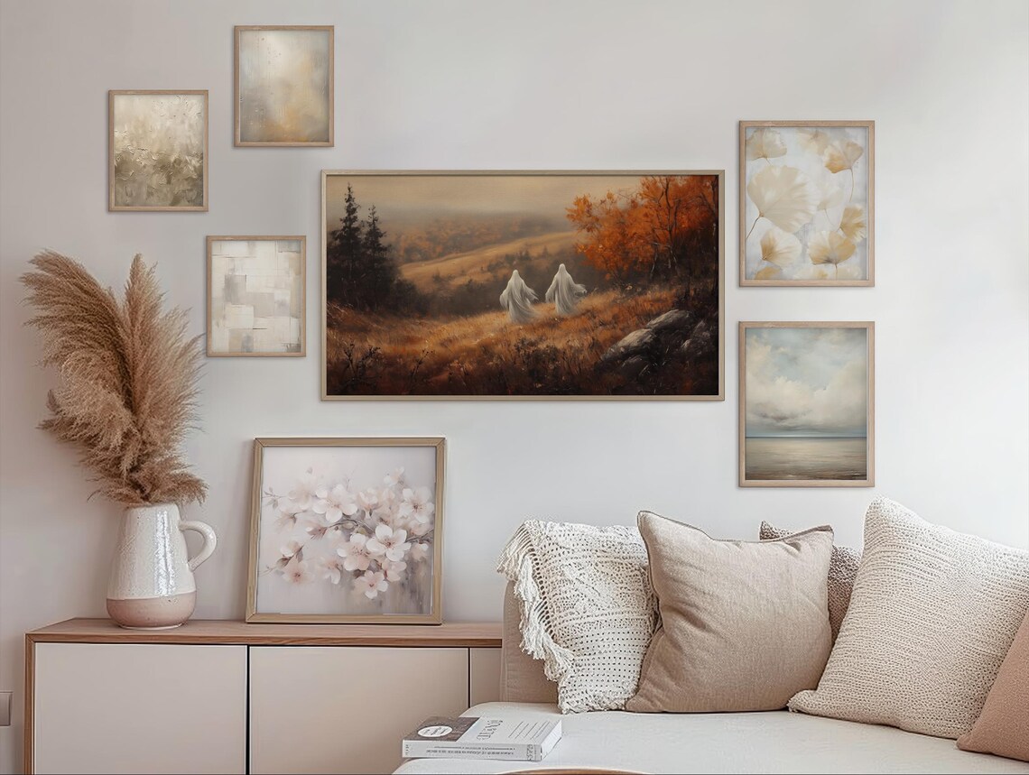 Two Ghosts Walking Through a Misty Autumn Valley Vintage Halloween Wall Art - Image 2