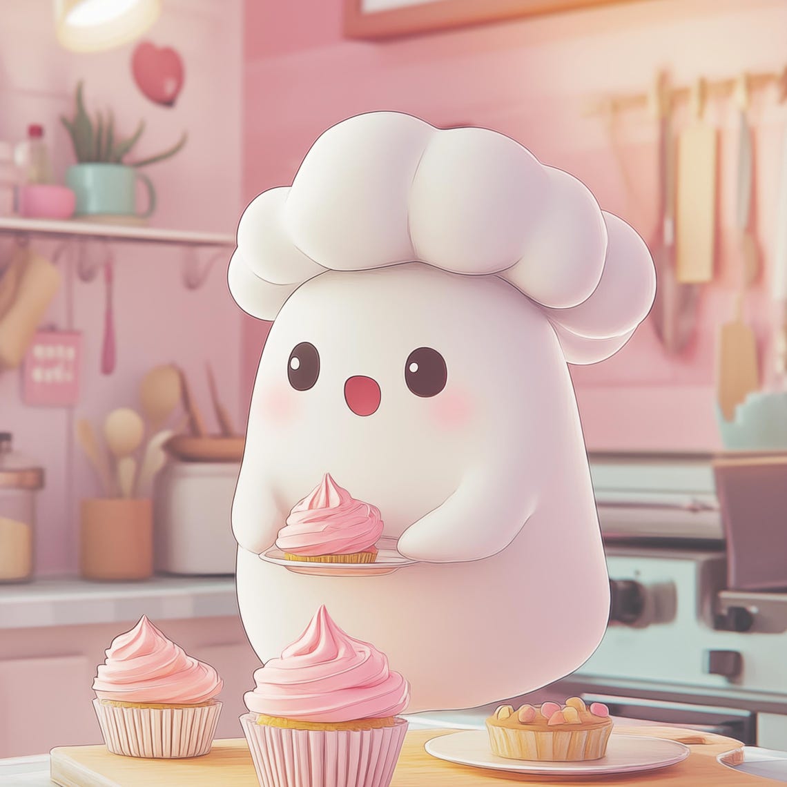 Cute Ghost Chef Baking Pink Cupcakes In A Cozy Kitchen Poster - Image 4