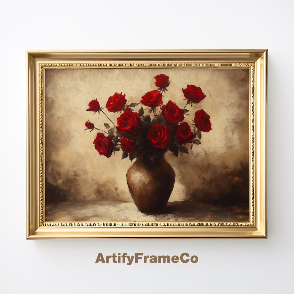 Red Roses in Bronze Vase Antique Floral Still Life Vintage Wall Poster