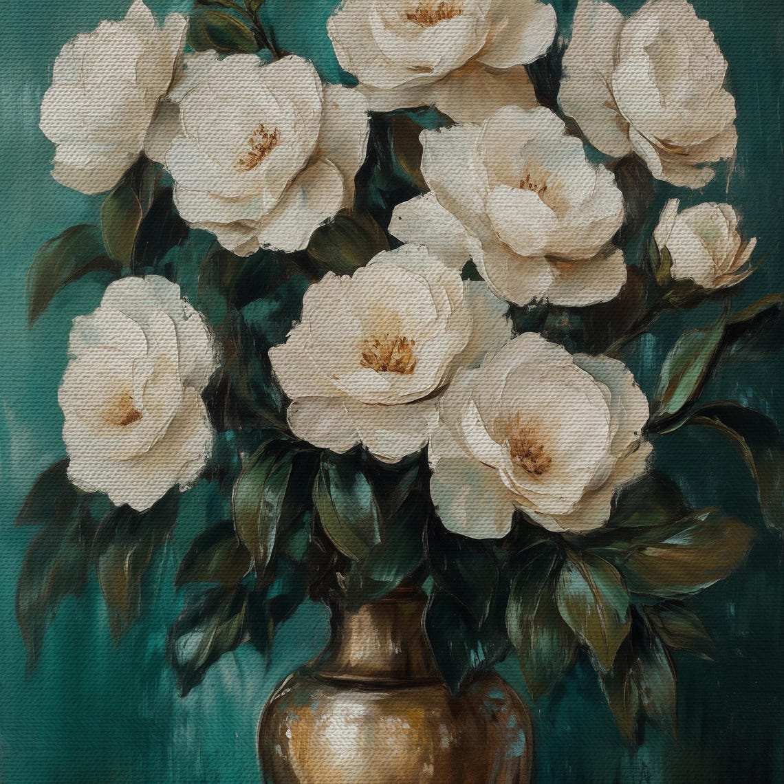White Peonies Bronze Vase Emerald Green Still Life Oil Painting Poster - Image 4