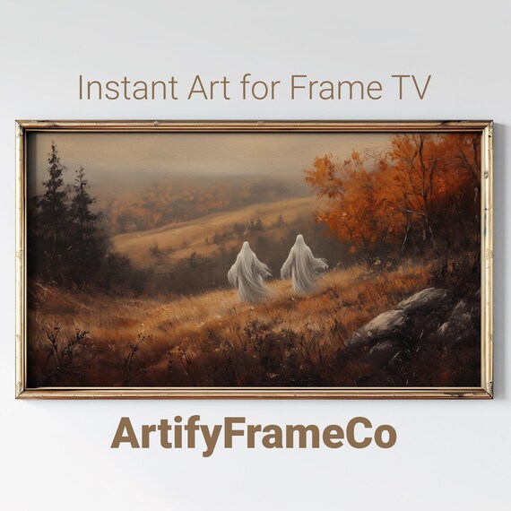 Two Ghosts Walking Through a Misty Autumn Valley Vintage Halloween Wall Art